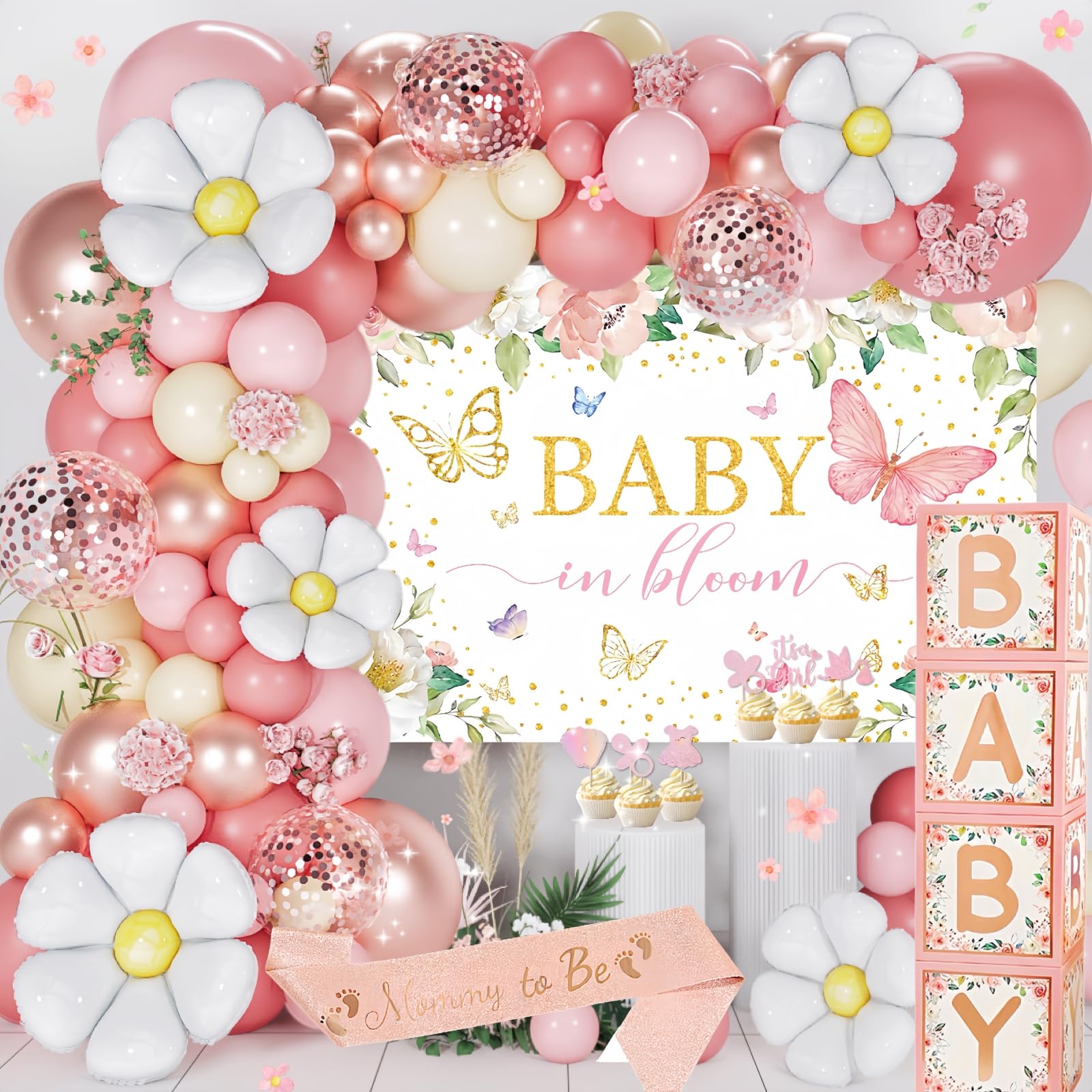 Daidle Baby in Bloom Shower Decorations, Girl Baby Shower Decorations Set with Cake Topper & Backdrop & Mom to Be Sash & Baby Box & Balloon Arch Kit, Floral Party Decorations, Pink Theme Decor