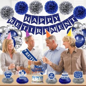 Roetyce Retirement Party Decorations for Men Women, 32PCS Blue Silver Happy Retirement Banner Balloons Honeycomb Cake Topper Pompoms Kit, Blue Retired Sash for Coworker, Office Retirement Supplies