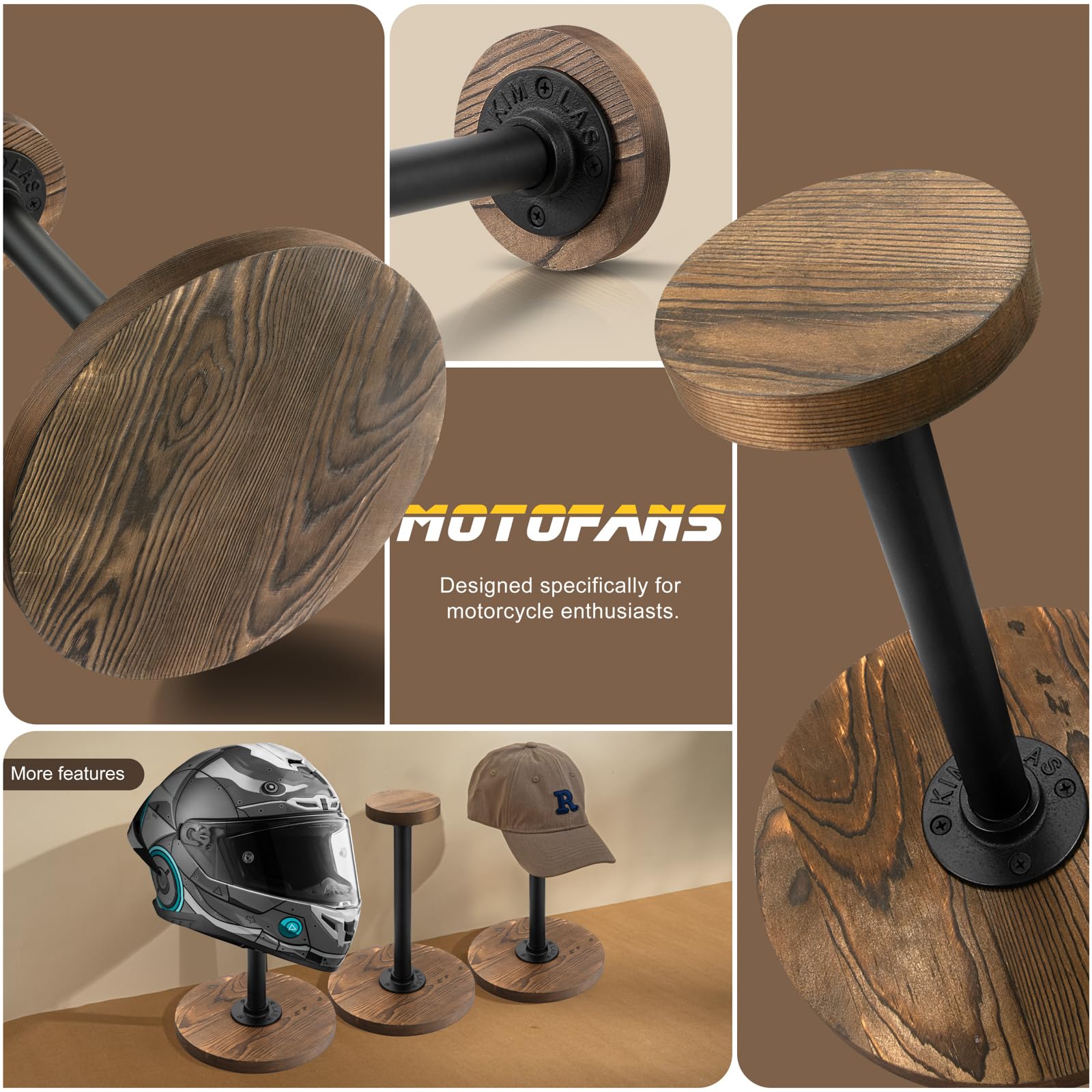 motofans® Industrial Style Helmet Stand, Rustic Burnt Solid Wood and Black Metal Pipe Cap and Wig Display Stand(1pcs)