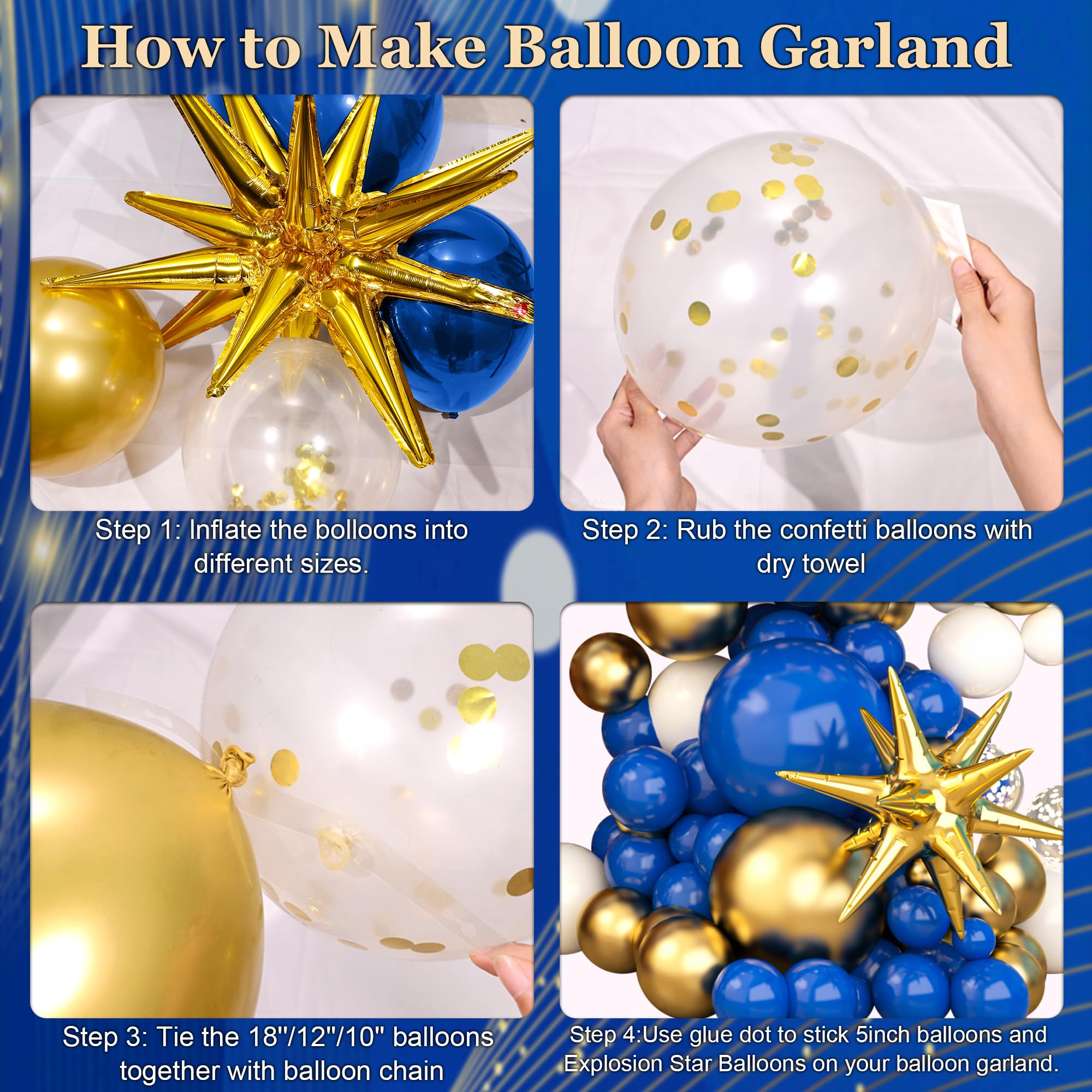 PARTYNOW 144Pcs Royal Blue and Gold Balloons Garland Arch Kit with Explosion Star Balloons 5/10/12/18in Blue White Gold Balloons for 2024 Graduation New Year Wedding Birthday Party Decorations