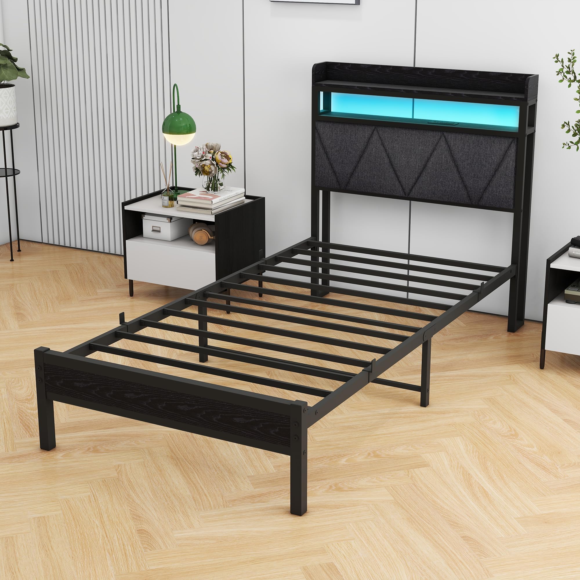 VERFARM Twin Size Bed Frame with LED Lights Storage Upholstered Headboard and USB Charging Station, Heavy Duty Metal Single Platform Bed Frame Twin Size, No Box Spring Needed, Easy Assembly