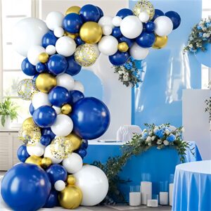 PARTYNOW 144Pcs Royal Blue and Gold Balloons Garland Arch Kit with Explosion Star Balloons 5/10/12/18in Blue White Gold Balloons for 2024 Graduation New Year Wedding Birthday Party Decorations