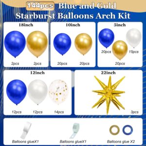 PARTYNOW 144Pcs Royal Blue and Gold Balloons Garland Arch Kit with Explosion Star Balloons 5/10/12/18in Blue White Gold Balloons for 2024 Graduation New Year Wedding Birthday Party Decorations