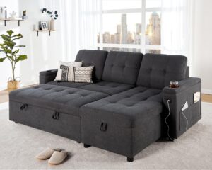 vanacc sofa bed, sleeper sofa with usb charging ports, l-shaped couch with storage, pull out couch for living room, grey linen