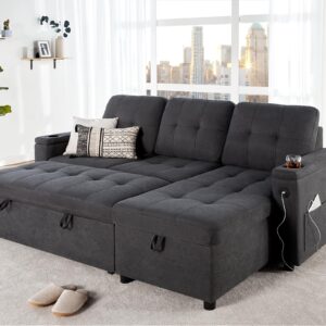 VanAcc Sofa Bed, Sleeper Sofa with USB Charging Ports, L-Shaped Couch with Storage, Pull Out Couch for Living Room, Grey Linen