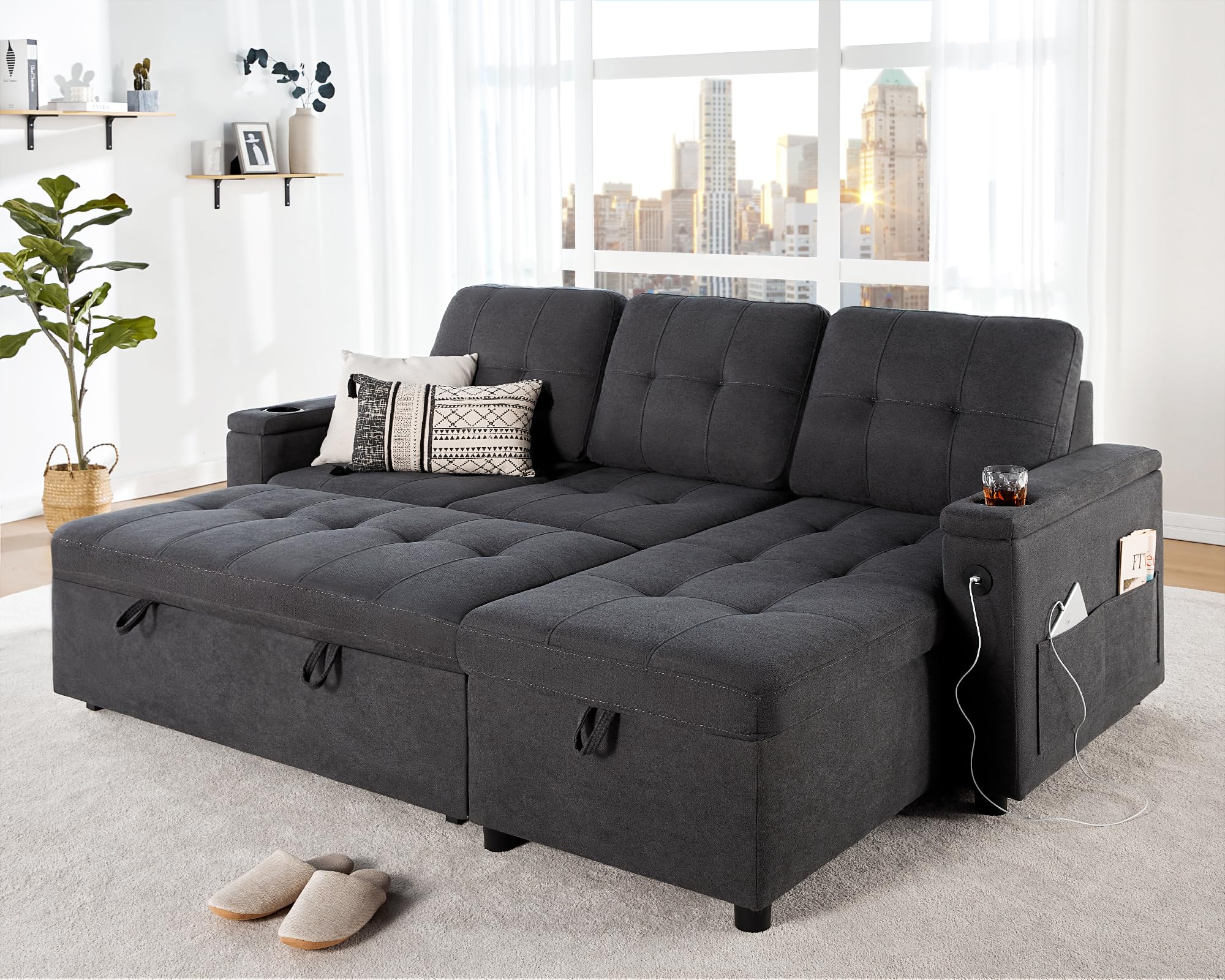 VanAcc Sofa Bed, Sleeper Sofa with USB Charging Ports, L-Shaped Couch with Storage, Pull Out Couch for Living Room, Grey Linen