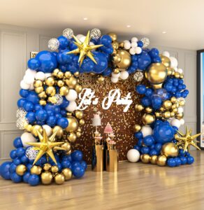 partynow 144pcs royal blue and gold balloons garland arch kit with explosion star balloons 5/10/12/18in blue white gold balloons for 2024 graduation new year wedding birthday party decorations