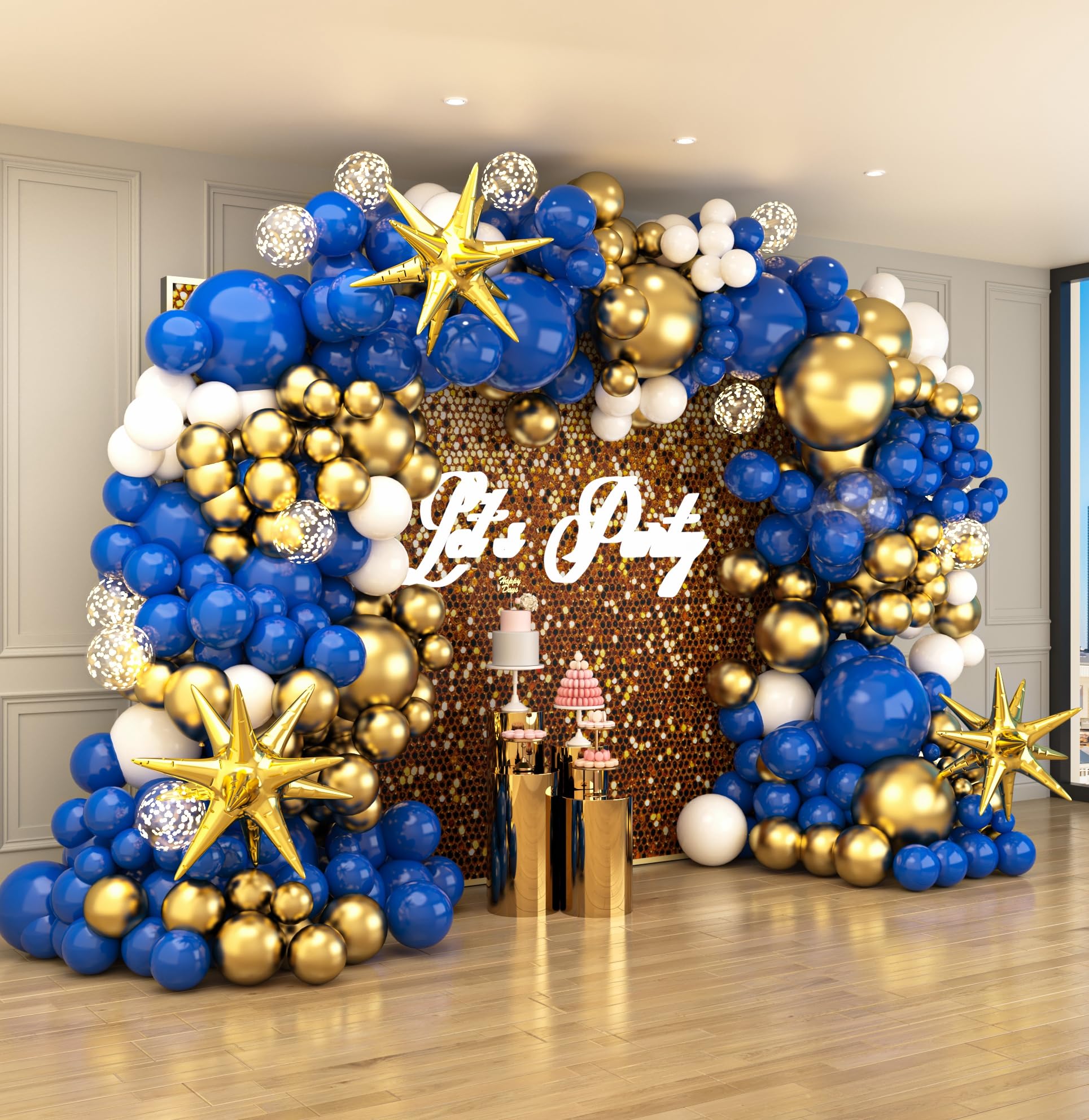 PARTYNOW 144Pcs Royal Blue and Gold Balloons Garland Arch Kit with Explosion Star Balloons 5/10/12/18in Blue White Gold Balloons for 2024 Graduation New Year Wedding Birthday Party Decorations