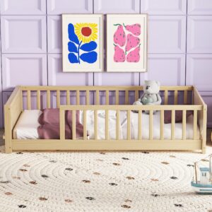 bellemave twin size floor bed for kids, montessori bed frame with safety guardrails and built-in book storage rack, solid wood twin floor platform bed for girls, boys, natural.