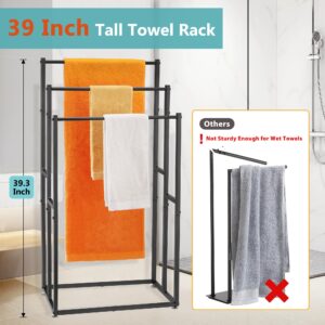 Free Standing Towel Rack, 39 Inch Tall Floor Towel Racks for Bathroom, 3 Tier Freestanding Outdoor Pool Towel Drying Rack Stand, Blanket Holder Storage, Black, ALHAKIN