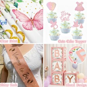 Daidle Baby in Bloom Shower Decorations, Girl Baby Shower Decorations Set with Cake Topper & Backdrop & Mom to Be Sash & Baby Box & Balloon Arch Kit, Floral Party Decorations, Pink Theme Decor