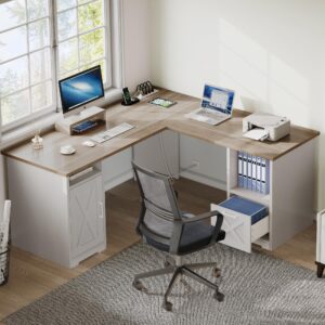 dwvo l shaped desk with file drawer, 60" corner computer desk with power outlets, home office desk with monitor stand & storage shelves & file cabinet, grey wash