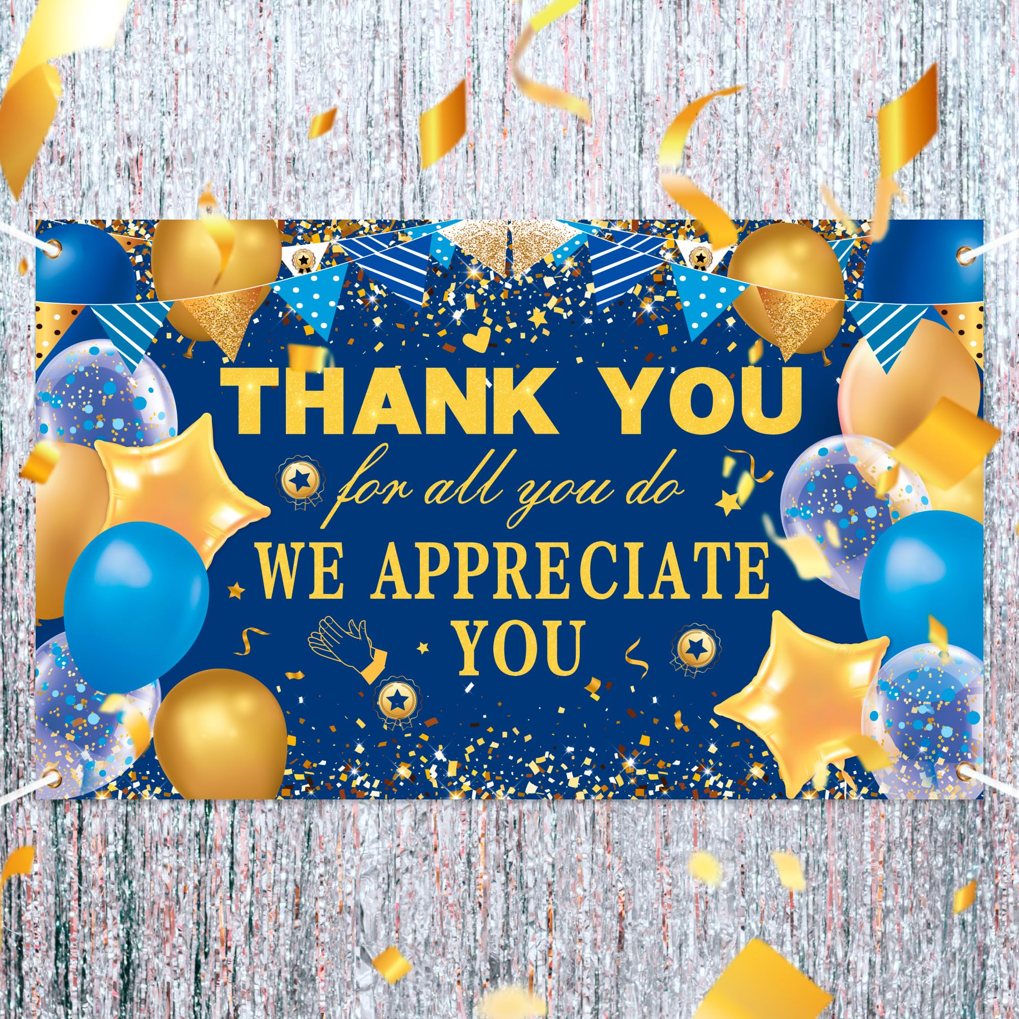 Thank You Banner Backdrop Stand - Reusable We Appreciate You Banner for Staff Appreciation Gifts Ceremony - Gold Blue Teacher Appreciation Decorations - Volunteer Appreciation Decorations - Durable Fabric