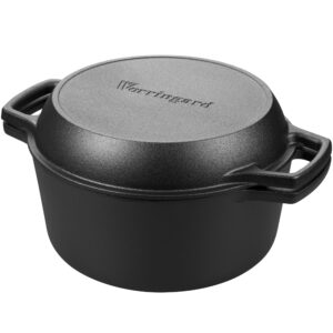 vorringard pre-seasoned cast iron double dutch oven pot with skillet lid, dual-handle, for bread baking, outdoor, campfire cooking, 5 quart