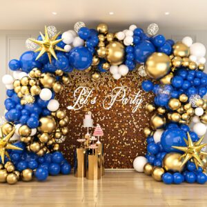 PARTYNOW 144Pcs Royal Blue and Gold Balloons Garland Arch Kit with Explosion Star Balloons 5/10/12/18in Blue White Gold Balloons for 2024 Graduation New Year Wedding Birthday Party Decorations