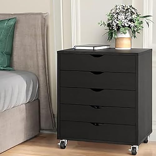 Joyfinity 5 Modern Wooden Floor Standing Drawer Chest with Wheels, 18.7L x 15.7W x 23.3" H, Multi-Function Home Storage Cabinet, Dressing Table, Office File Cabinet, Black