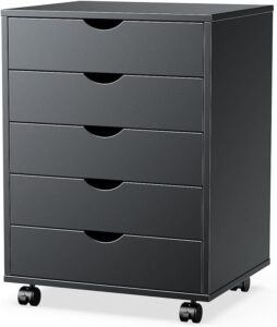 joyfinity 5 modern wooden floor standing drawer chest with wheels, 18.7l x 15.7w x 23.3" h, multi-function home storage cabinet, dressing table, office file cabinet, black