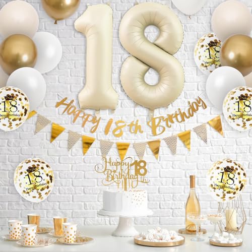 18th Birthday Decorations Sand White Gold,18th Birthday Balloons Beige Gold,Happy 18th Birthday Banner with Cake Toppers Number 18 Balloons for Girls Boys Birthday Party Decorations