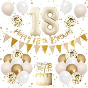 18th birthday decorations sand white gold,18th birthday balloons beige gold,happy 18th birthday banner with cake toppers number 18 balloons for girls boys birthday party decorations