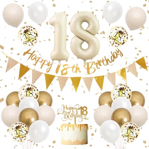 18th Birthday Decorations Sand White Gold,18th Birthday Balloons Beige Gold,Happy 18th Birthday Banner with Cake Toppers Number 18 Balloons for Girls Boys Birthday Party Decorations