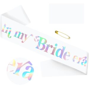 in my bride era sash with iridescent foil, white bride to be bachelorette sash for hen party bridal shower engagement wedding party decorations supplies accessories favors gift (white+iridescent)