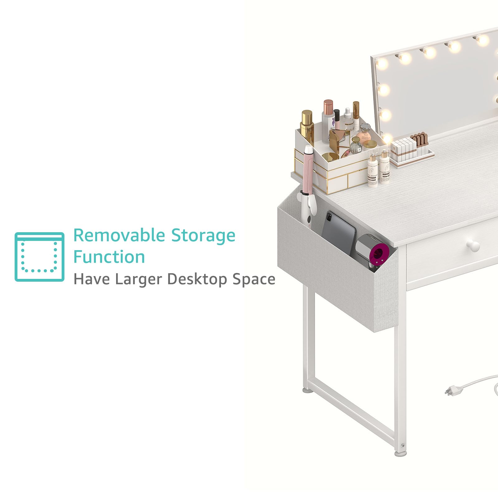 KAI-ROAD White Makeup Vanity Desk with Chair no Mirror, Small Vanity Table with Fabric Drawers, Power Outlet & Stool Without Mirror, Modern Make Up Desk Set for Bedroom