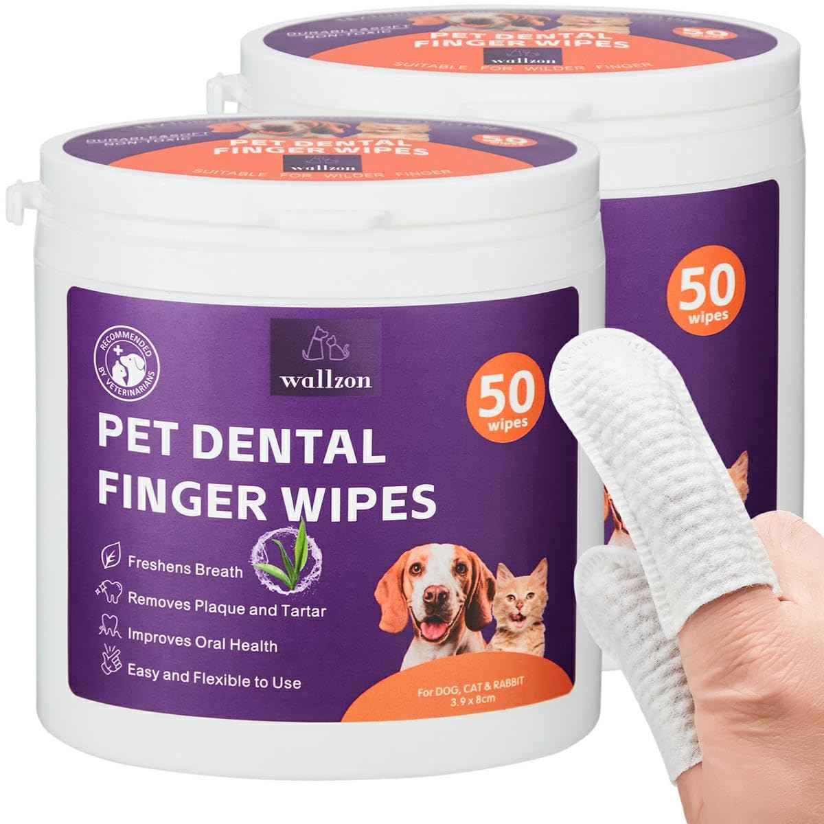 WALLZON Teeth Cleaning Finger Wipes for Dogs & Cats, Soft Pet Dental Care Wipes, Disposable Pet Tooth Brushing Wipes, Gentle Cleaning & Gum Care Finger Pet Wipes (100 Wipes)