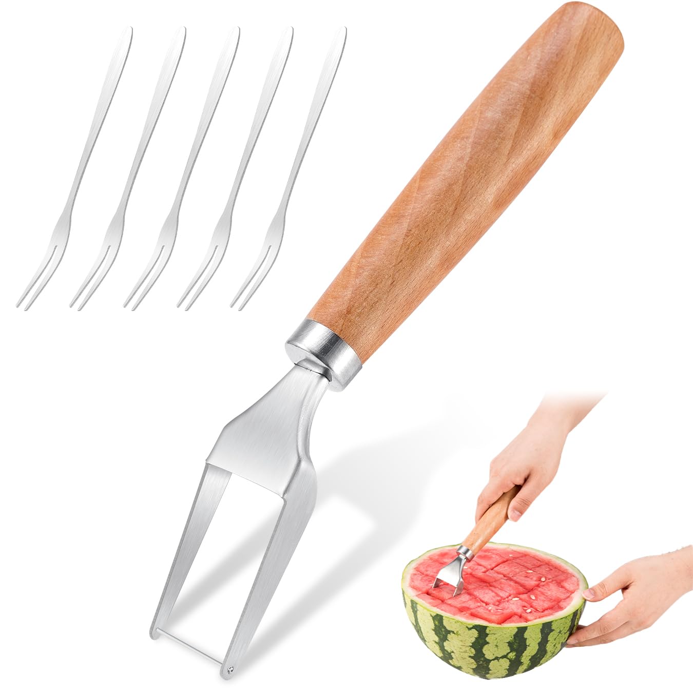 Watermelon Slicer Cuts Watermelons into Cubes, Stainless Steel Melon Cutter with Wooden Handle, Watermelon Cutting Tool Fruit Cutter with 5 Fruit Forks