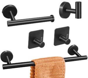 bathroom hardware set, 16" matte silver bathroom accessory set, 5 pieces hand towel bar set wall mounted, including 16" hand towel bars, toilet paper holders, robe towel hooks black