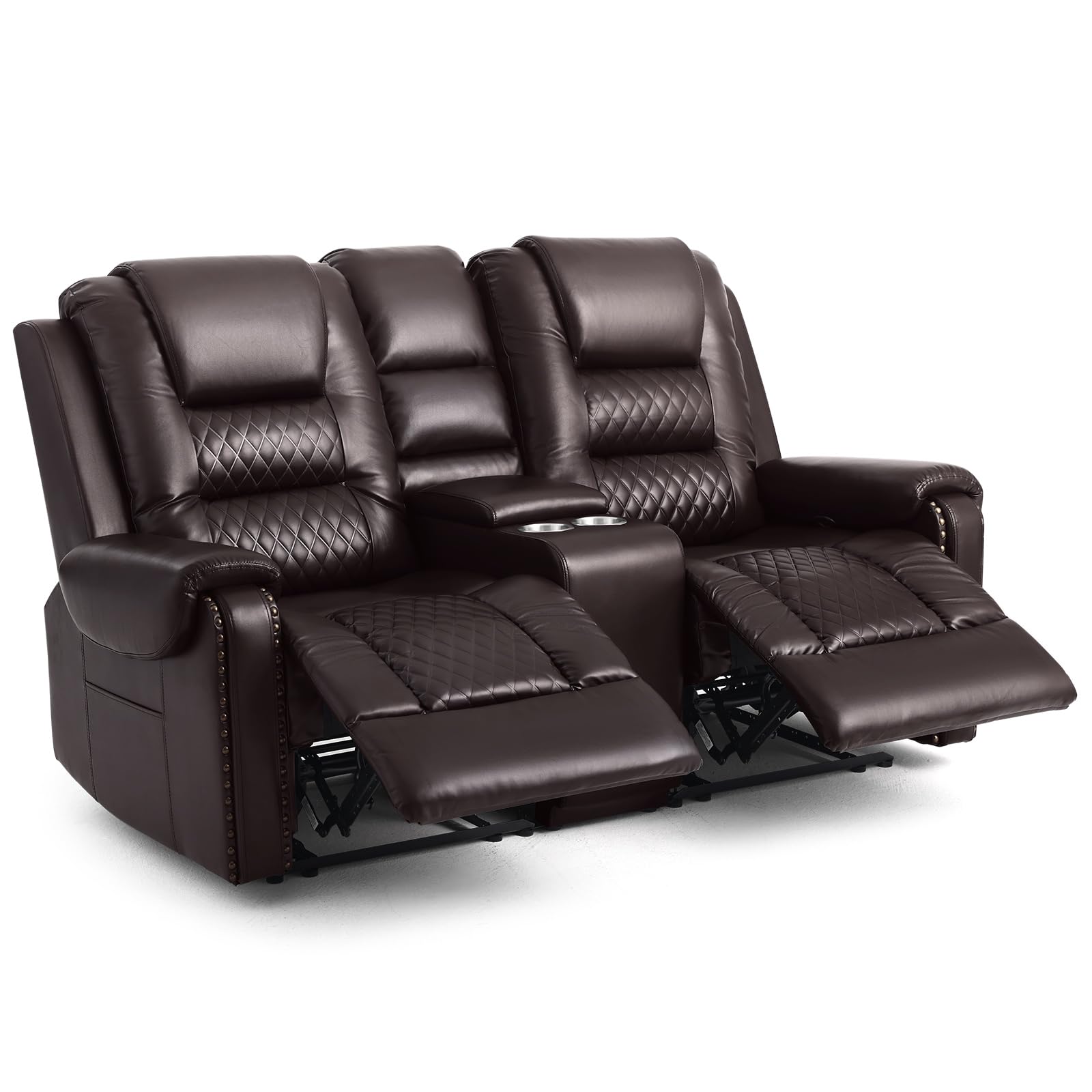 Large Massage Recliner Loveseat, Lumbar Heating Reclining Sofa Chairs, PU Leather, Ergonomic Living Room Chairs with Cup Holders, Remote Control, Brown