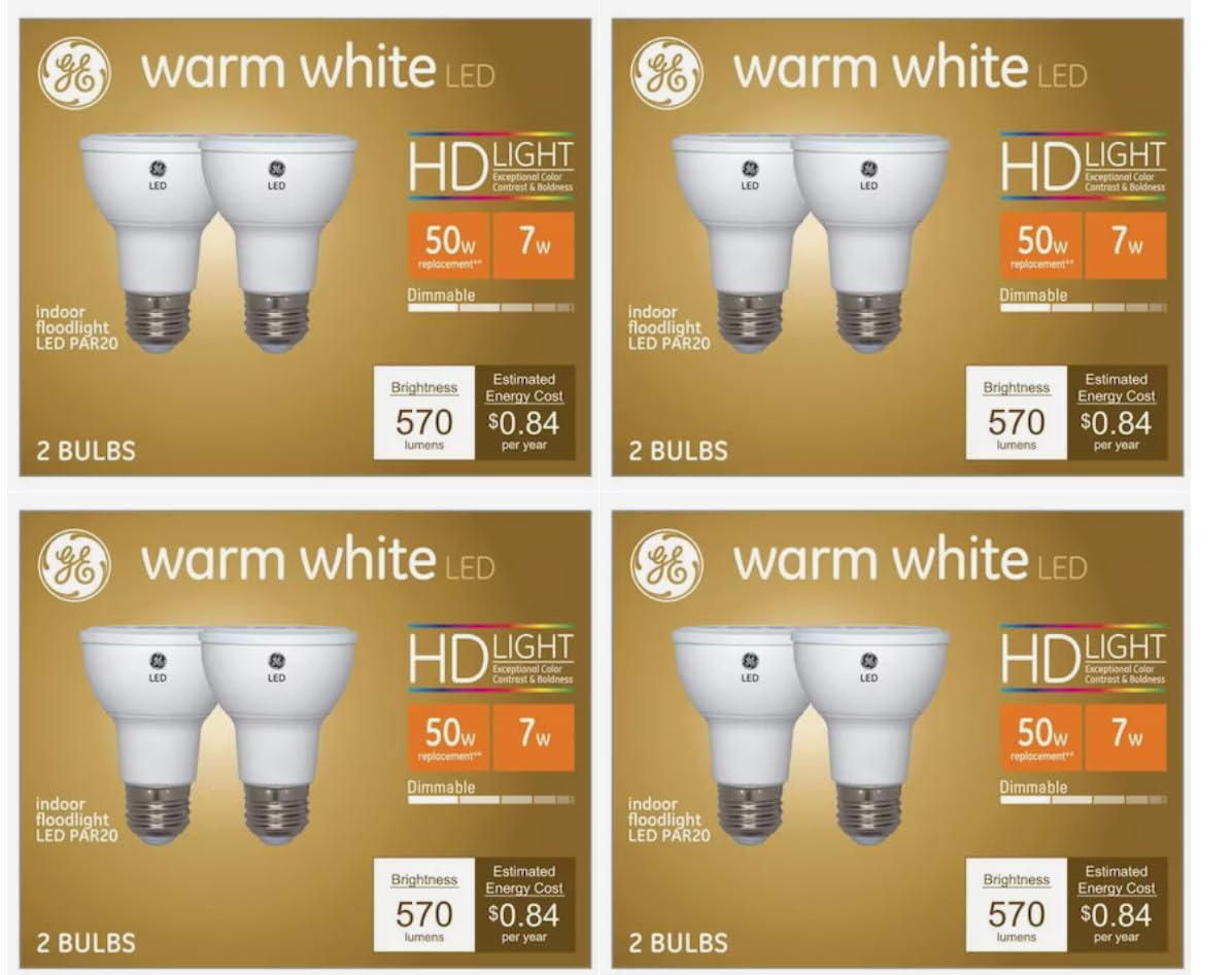 GE (8 Bulbs) Lighting Warm White LED PAR20 Indoor floodlight, 50 watt Replacement Using only 7 watts, 570 lumens, Exceptional Color Contrast and Boldness, Dimmable LED Light Bulb