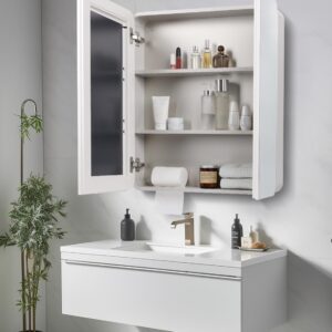 Avidanza 23.5" x 27.5" Medicine Cabinets for Bathroom with Mirror Surface Wall-Mounted Stainless Steel Framed Beveled Mirror, Double Door Metal Bathroom Vanity Mirror with Storage Cabinet 3 Tiers