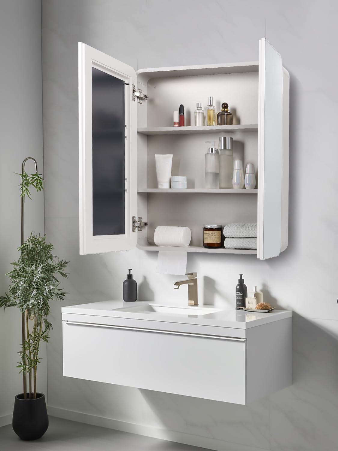 Avidanza 23.5" x 27.5" Medicine Cabinets for Bathroom with Mirror Surface Wall-Mounted Stainless Steel Framed Beveled Mirror, Double Door Metal Bathroom Vanity Mirror with Storage Cabinet 3 Tiers