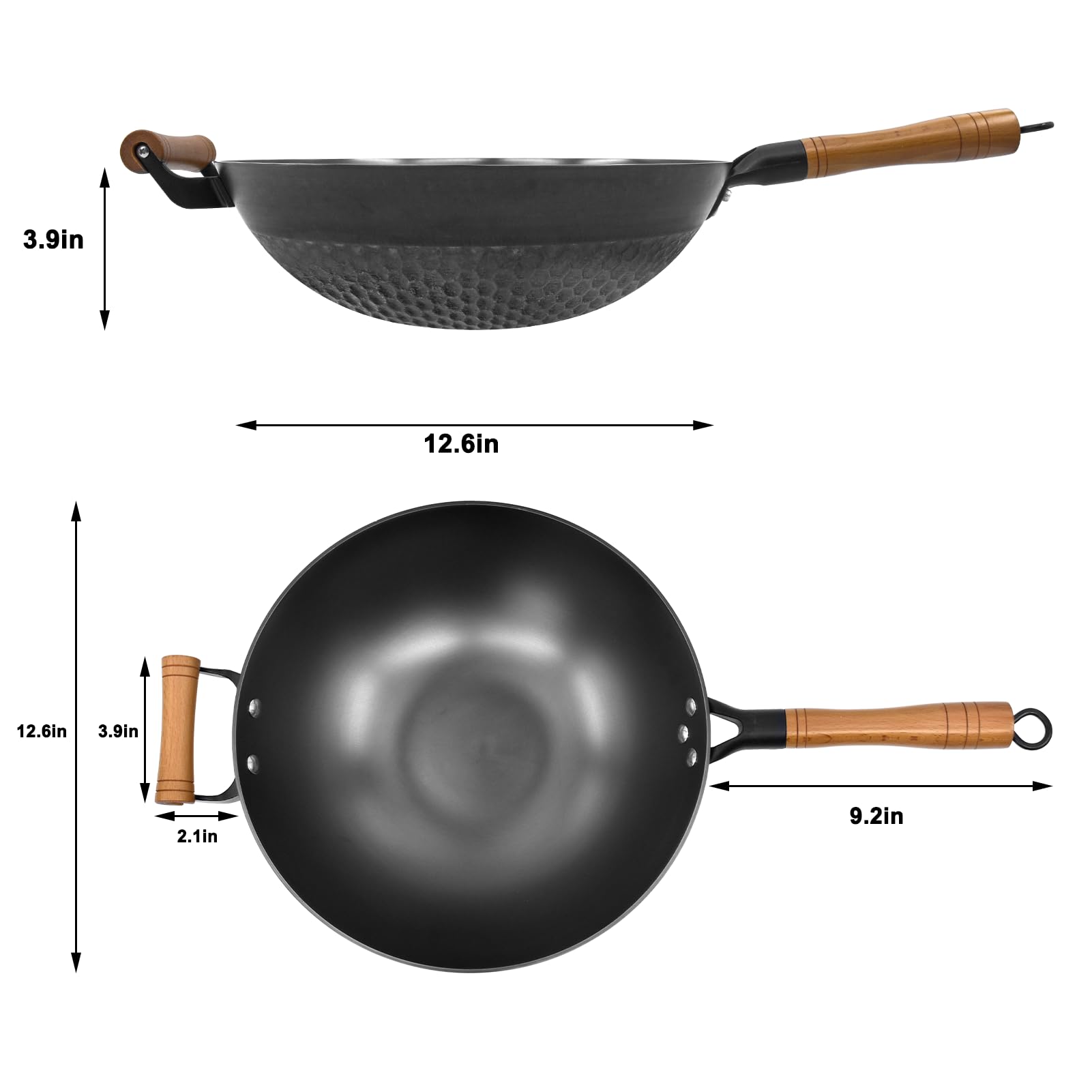 Cast Iron Wok 12.6 Inch Nitriding Process to Prevent Rust, Lotus Ripple Instant Heat Pre-Seasoned Stir Fry Pan with Helper Handle