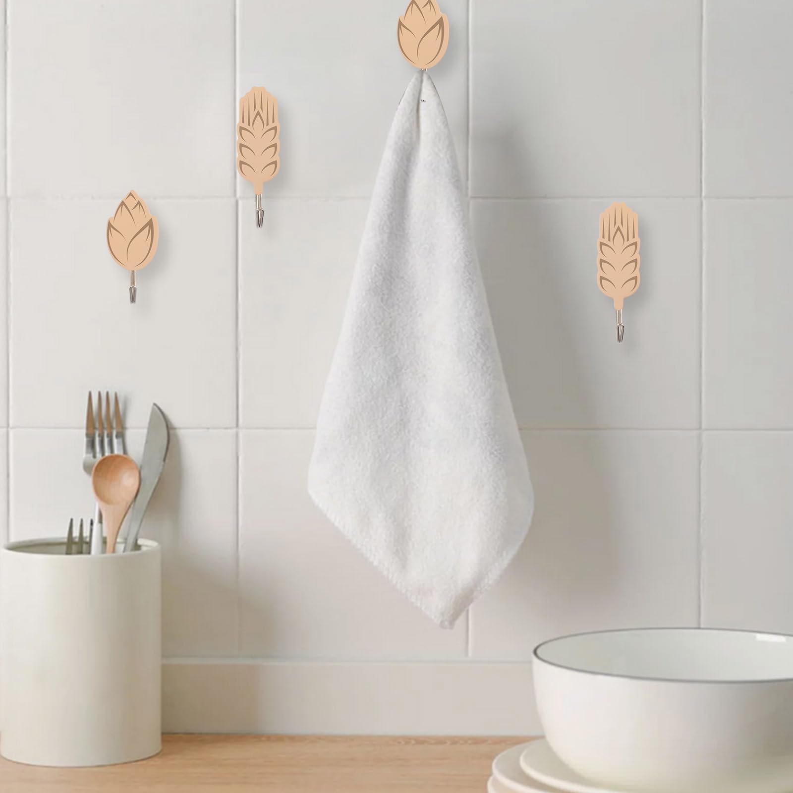 MOROBOR 6Pcs Adhesive Hooks for Hanging, Self Adhesive Sticky Hooks Wooden Wall Adhesive Hooks Cute Wall Hangers for Bathroom Bedroom Home