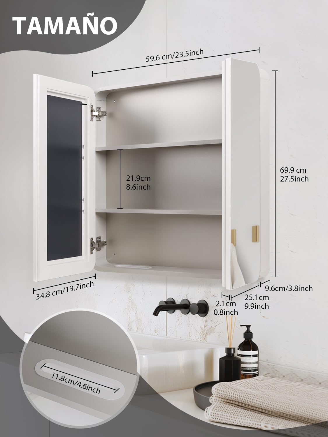 Avidanza 23.5" x 27.5" Medicine Cabinets for Bathroom with Mirror Surface Wall-Mounted Stainless Steel Framed Beveled Mirror, Double Door Metal Bathroom Vanity Mirror with Storage Cabinet 3 Tiers