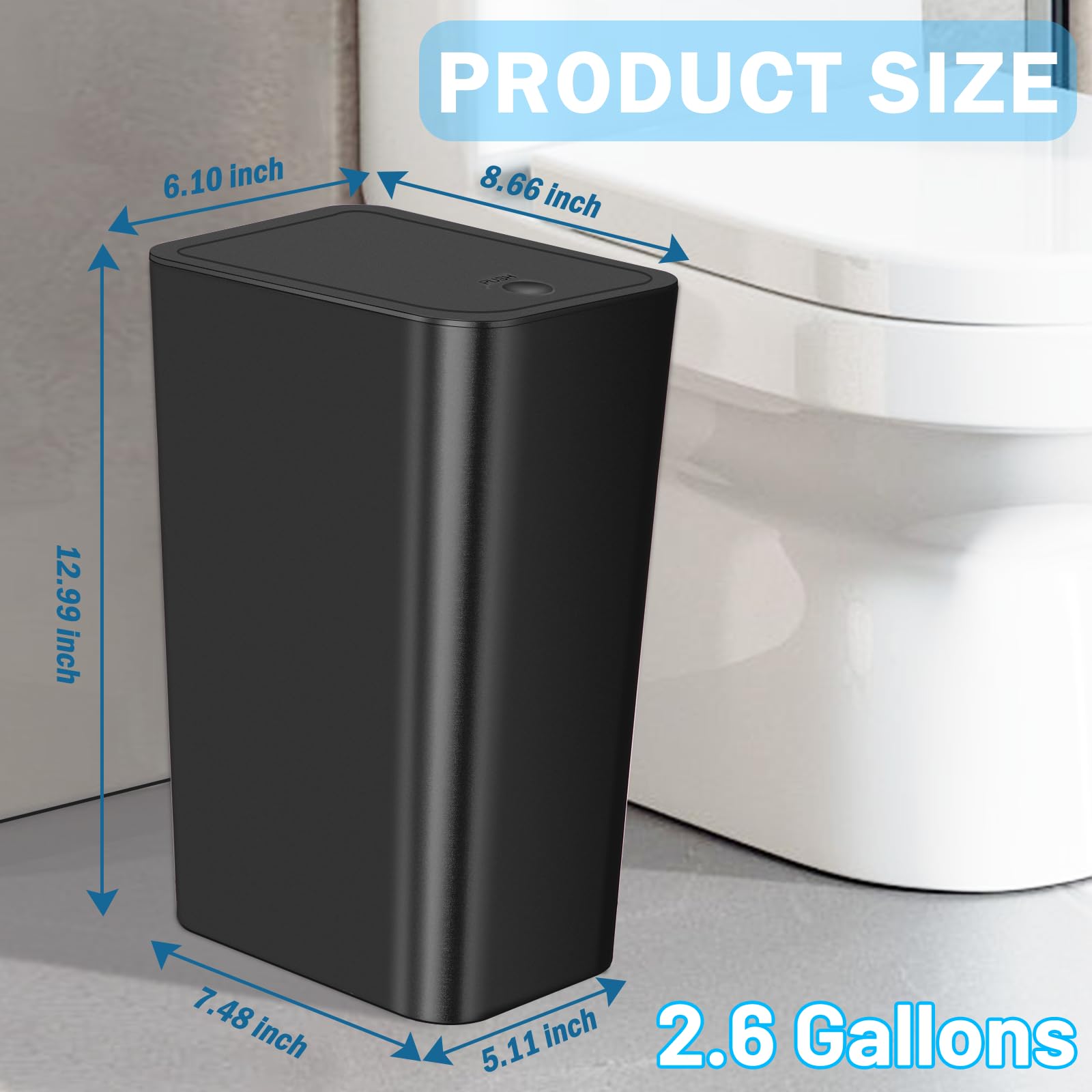 jinligogo Bathroom Small Trash Can with Lid,10L / 2.6 Gallon Slim Garbage Bin Wastebasket with Pop-Up Lid for Bedroom, Office, Kitchen, Craft Room, Fits Under Desk/Cabinet/Sink/Black