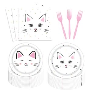 96pcs cat birthday party tableware supplies animal theme dinnerware set cat face baby shower disposable paper plates forks napkins for 24 guests cute cat head birthday party favors