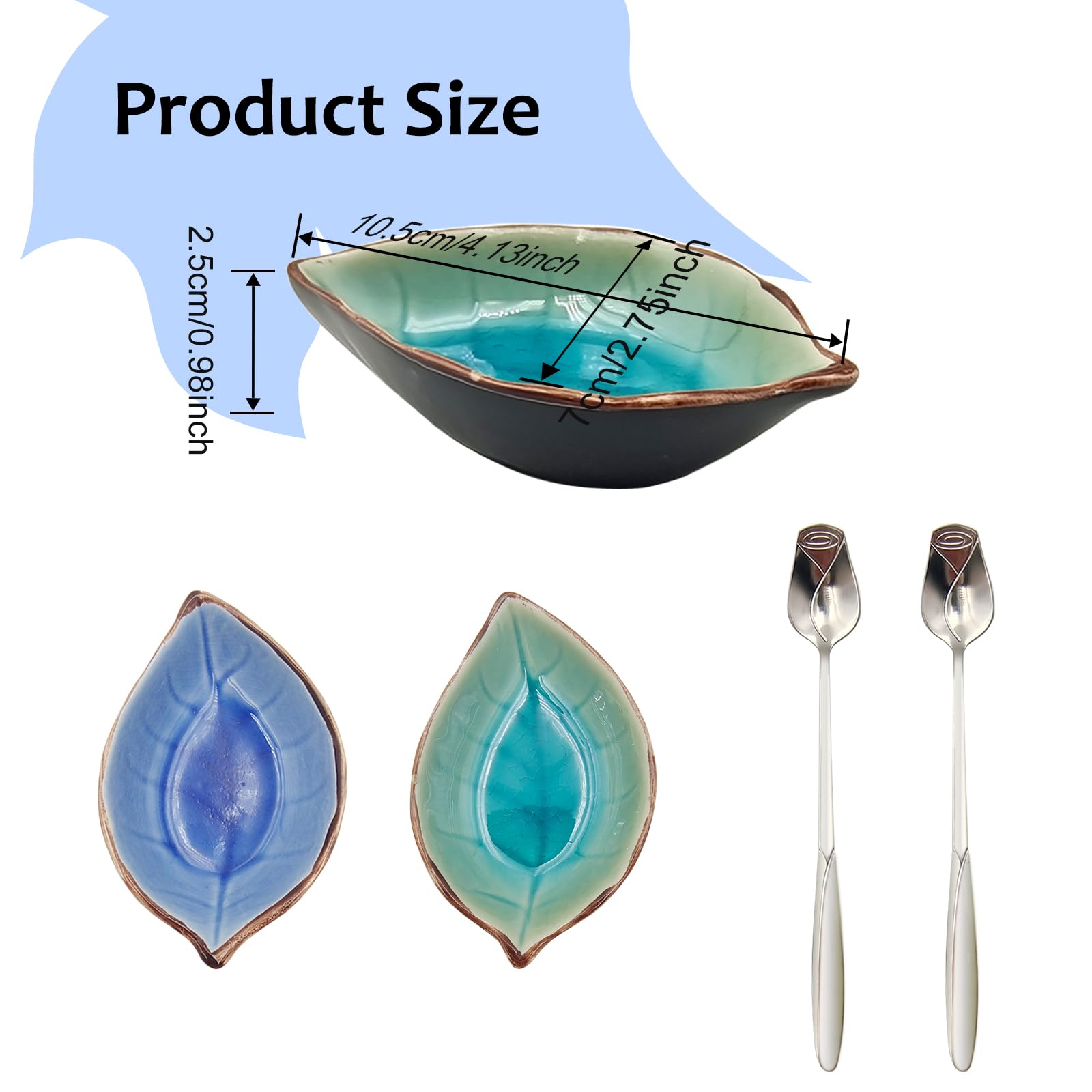 LYMOI 2 Pack Coffee Spoon and Leaf Rest Set, Ice Cracks Leaf Ladle Holder, Tea Spoon Rest for Kitchen Counter, Dining Table, Coffee Bar Teaspoon Rest with Spoon (Lake blue and Sapphire)