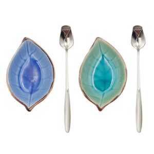 lymoi 2 pack coffee spoon and leaf rest set, ice cracks leaf ladle holder, tea spoon rest for kitchen counter, dining table, coffee bar teaspoon rest with spoon (lake blue and sapphire)