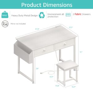 KAI-ROAD White Makeup Vanity Desk with Chair no Mirror, Small Vanity Table with Fabric Drawers, Power Outlet & Stool Without Mirror, Modern Make Up Desk Set for Bedroom