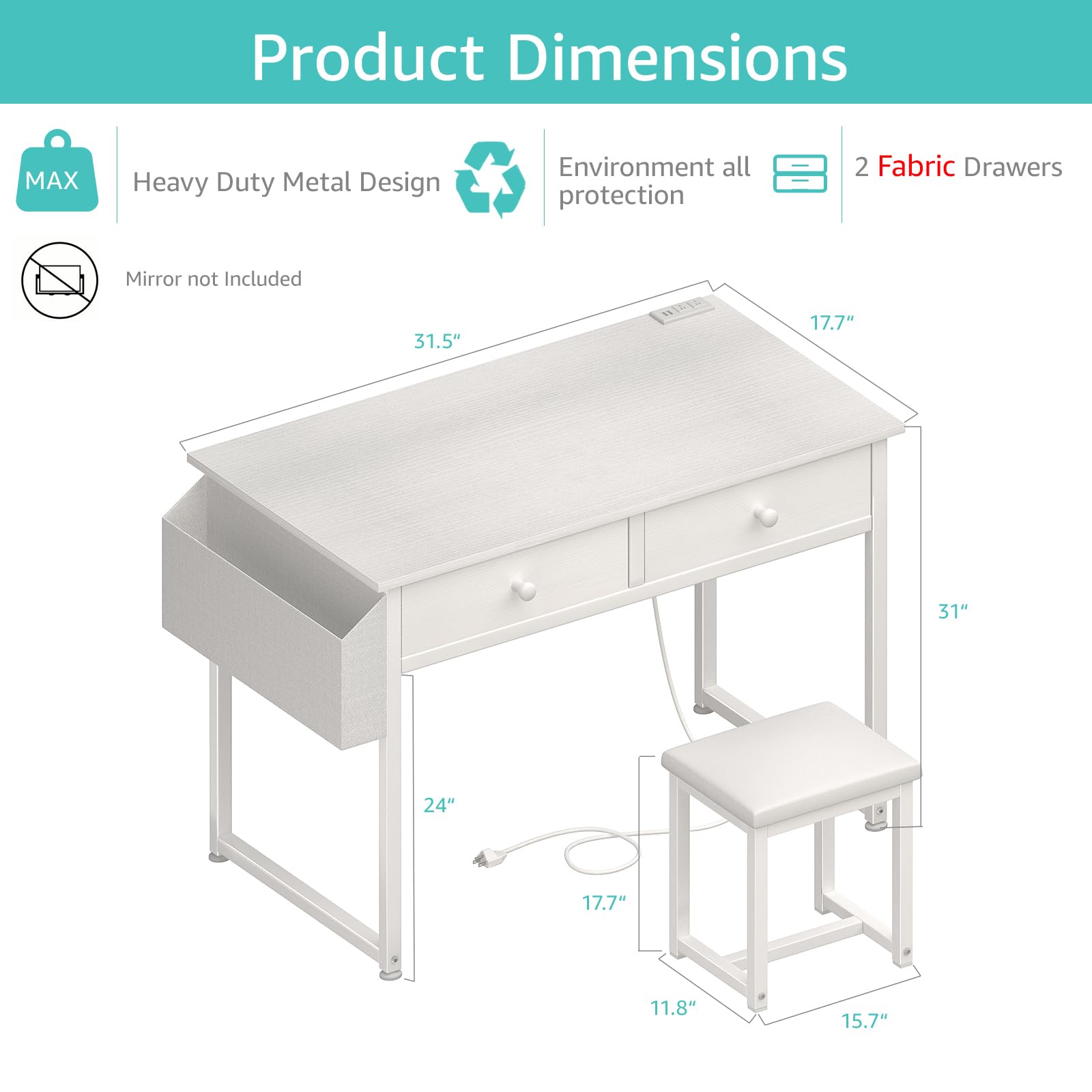 KAI-ROAD White Makeup Vanity Desk with Chair no Mirror, Small Vanity Table with Fabric Drawers, Power Outlet & Stool Without Mirror, Modern Make Up Desk Set for Bedroom