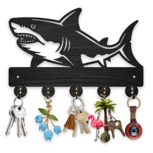 mayjoydiy wooden shark wall mount coat rack sea fish key hanger for wall 11.8×7.9inch sea ocean creatures key holder rack 5 alloy hooks sea life wall art decor for gift living room office entryway