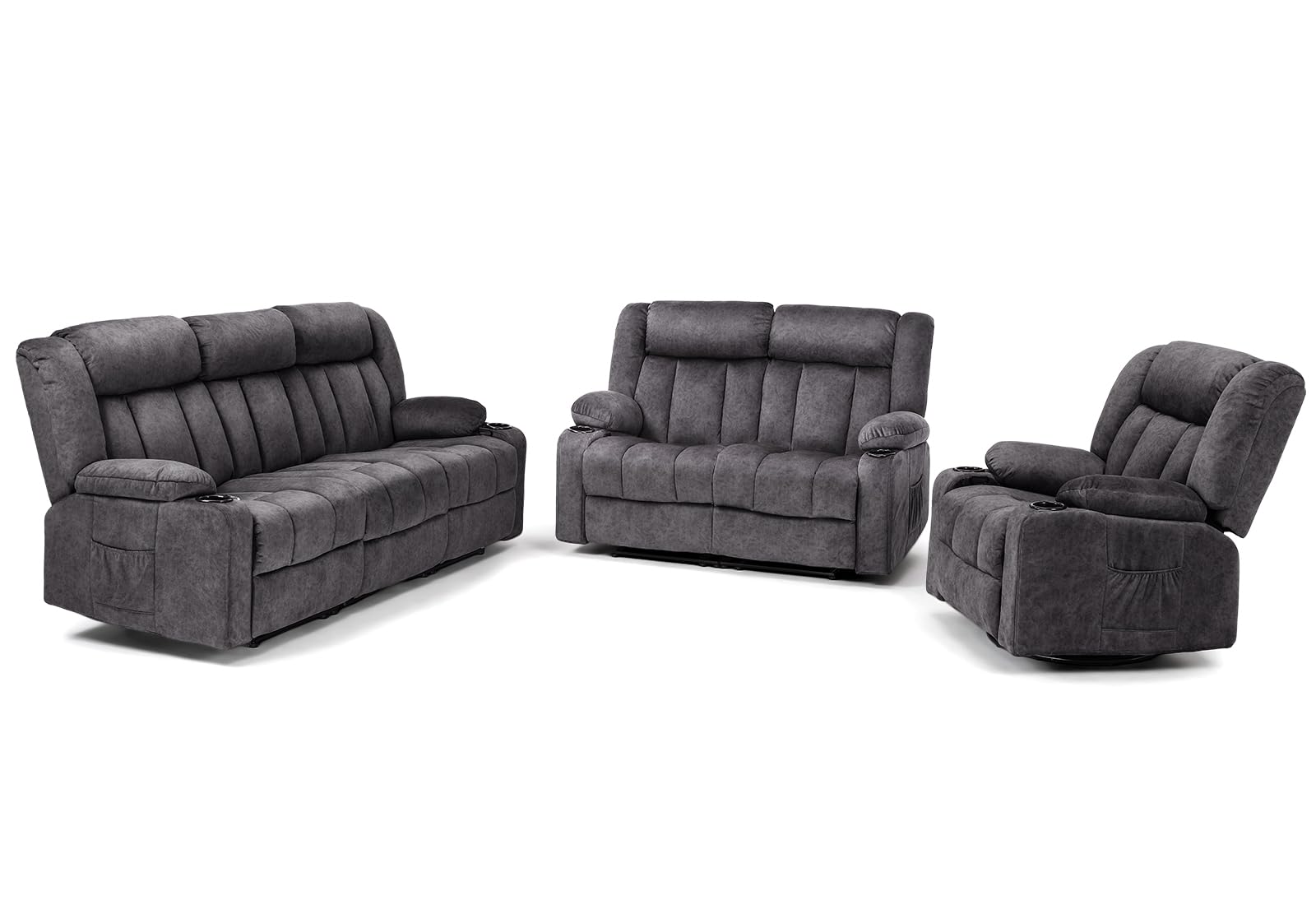 COMHOMA Manual Recliner Chair Set，Fabric Reclining Sofa Chair with Cup Holders, Upholstered Recliner with Side Pockets Suitable for Living Room Furniture (3+2+1)