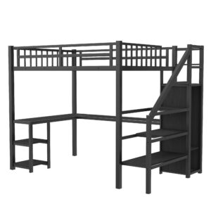 Full Size Loft Bed with Stairs and Desk, Metal Gaming Loft Bed with RGB LED Light, Heavy-duty Steel Loft Bed Frame with Storage Wardrobe, Shelves and Charging Station for Adults Kids Teens, Black