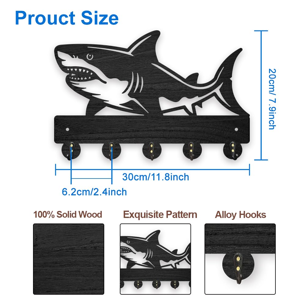 MAYJOYDIY Wooden Shark Wall Mount Coat Rack Sea Fish Key Hanger for Wall 11.8×7.9inch Sea Ocean Creatures Key Holder Rack 5 Alloy Hooks Sea Life Wall Art Decor for Gift Living Room Office Entryway