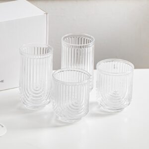 INSETLAN Water Drinking Glasses Set of 8-4 Highball Glasses 14 oz, 4 Rocks Glass Cups 12 oz, Arch Design Cocktail Glasses, Vintage Glassware, With Glass Straw, for Beverages Ice Coffee Juice Water