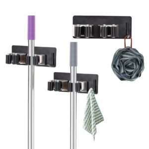 lincan broom holder wall mount, sus304 stainless steel mop organizer, heavy duty mop broom hanger with hooks, self adhesive storage rack for laundry kitchen garage garden storage, 3pcs