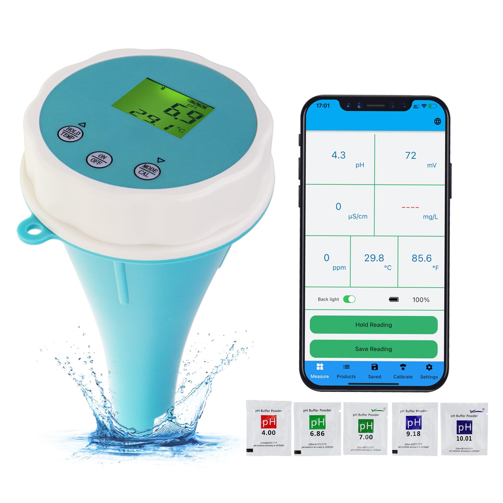 6-in-1 Bluetooth Swimming Pool Water Tester EC/Salinity/pH/ORP/Temperature/Chlorine Meter Wireless Floating Smart Pool Monitor Water Tester for Pools & Swim Spas