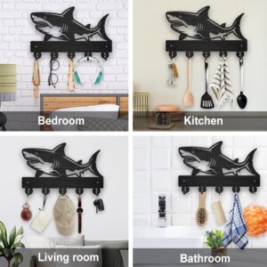 MAYJOYDIY Wooden Shark Wall Mount Coat Rack Sea Fish Key Hanger for Wall 11.8×7.9inch Sea Ocean Creatures Key Holder Rack 5 Alloy Hooks Sea Life Wall Art Decor for Gift Living Room Office Entryway